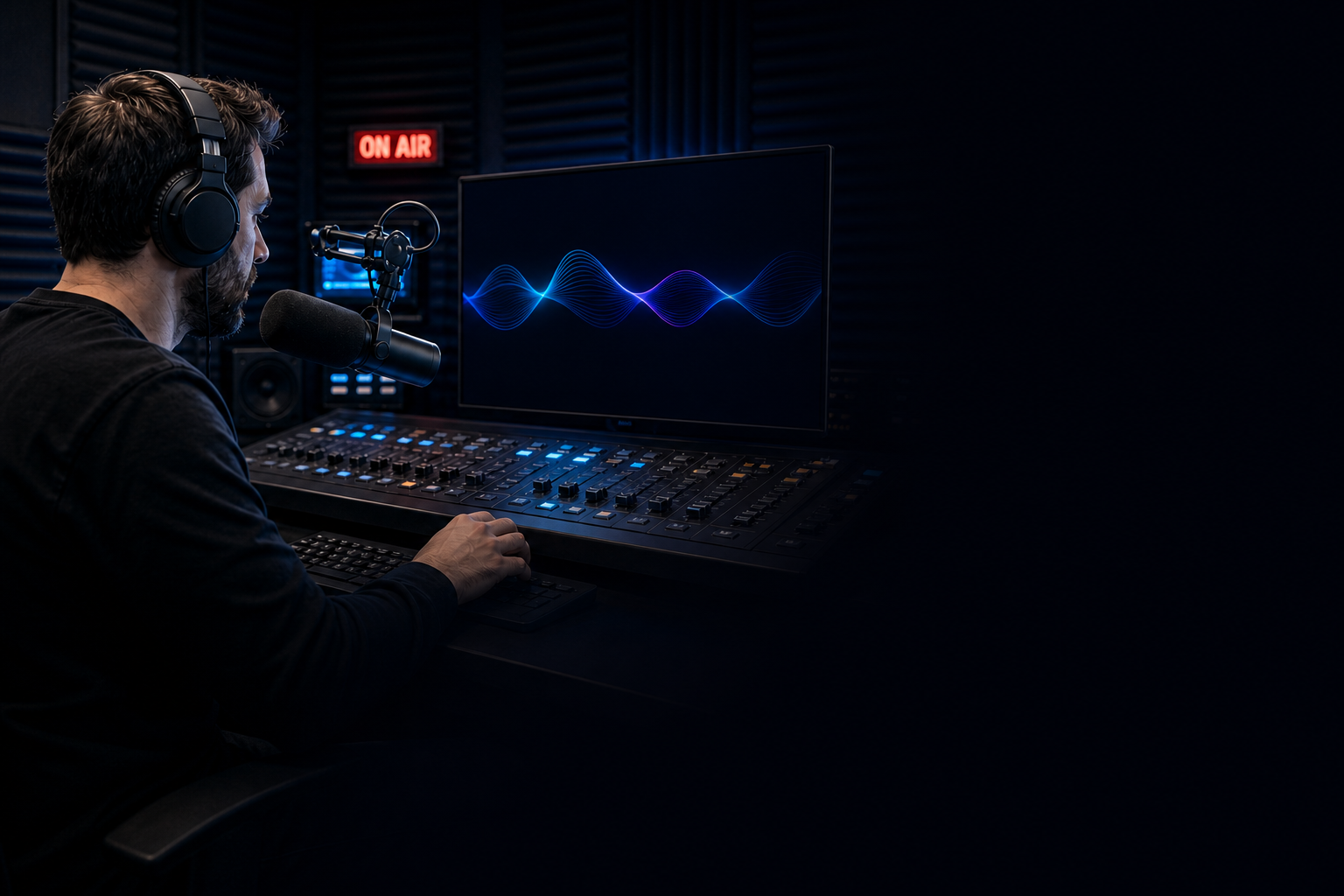 Operador de radio frente a una consola y una pantalla con una onda visual